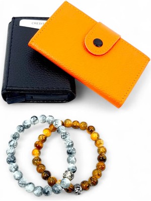 SürLaz Turuncu Vegan Deri Akordiyon Kartlık Siyah Mekanizmalı Kartlık Şans Bilekliği Hediyelik Çift Seti