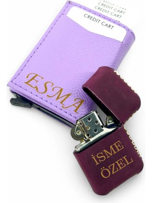 SürLaz Kişiye Özel Mekanizmalı Kartlık Isme Özel Deri Kılıflı Benzinli Çakmak Hediyelik Set