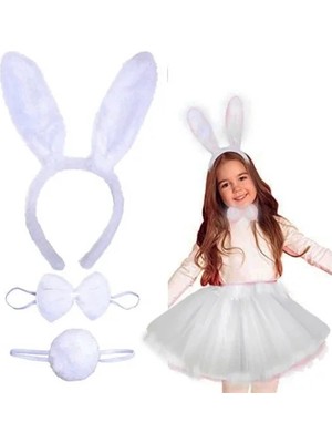 İlkyaz Fashion Ieg™ Tavşan Tacı Eteği Papyonu ve Kuyruk Kostüm Seti Beyaz Renk Çocuk Boy