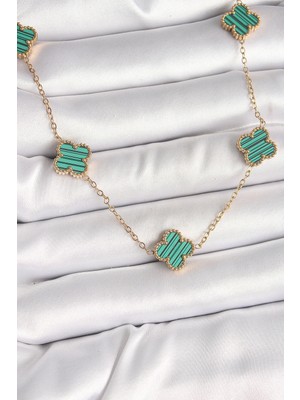 İlkyaz Fashion 316L Çelik Gold Renk Zincir Yeşil Yonca Model Kadın Kolye