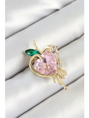 İlkyaz Fashion Pembe ve Yeşil Zirkon Taşlı 3D Eriyen Kalp Figürlü Gold Renk Kadın Broş