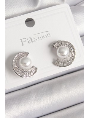 İlkyaz Fashion Pirinç Gümüş Renk Zirkon Taşlı Salyangoz Model Inci Detay Kadın Küpe