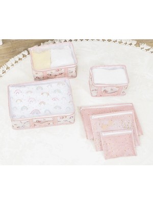 İlkyaz Fashion Baby 6'lı Desenli Fileli Bavul Valiz Içi Düzenleyici Çok Amaçlı Organizer (Pembe)