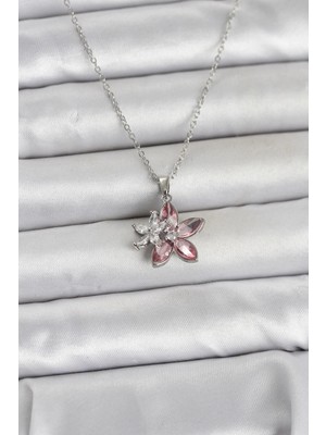 İlkyaz Fashion 316L Çelik Zincir Gümüş Renk Pembe Lotus Model Kadın Kolye