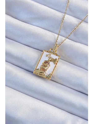 İlkyaz Fashion 316L Çelik Zincir Altın Renk Beyaz Mineli Tarot Kolye