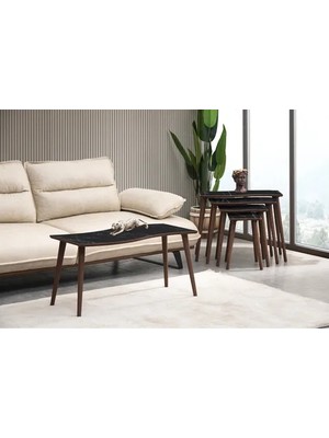 Vivense Salsa Dörtlü Zigon Orta Sehpa Seti, Siyah Mermer Desenli