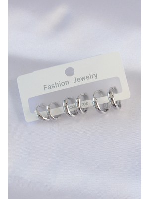 İlkyaz Fashion Pirinç Gümüş Renk Oval Bombeli Küpe Seti