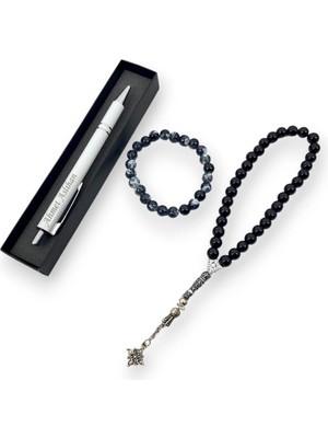 SürLaz Isim Yazılabilir Tükenmez Kalem Özel Kutusunda Siyah Tesbih ve Bileklik Eko Set