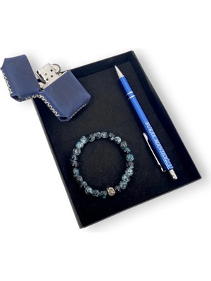 SürLaz Isme Özel El Yapımı Deri Kılıflı Benzinli Çakmak ve Tükenmez Kalem Doğal Taş Yılbaşı Hediyesi Kutulu