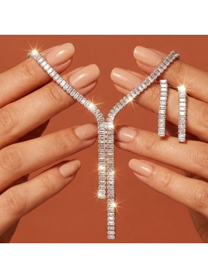 Valmont Accessories 39 cm Zirkon Taşlı Y Model Şık Işıltılı Tasarım Düğün, Kına, Nişan Gelin Takı Seti