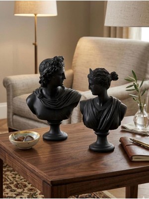 Mirsa Global Dekoratif Apollo Diana Büst Biblo – Antik Yunan Heykel Tarzı, Biblo Siyah Lüks Salon Konsol Süs Objesi ( Polyester)