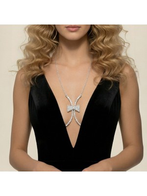 Valmont Accessories Fiyonk Detaylı Kadın Kristal Taşlı Göğüs Aksesuarı Dekolteli Elbise Takısı Şık Tasarım