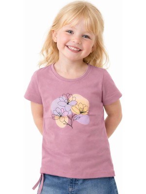 Noone Kız Çocuk Suluboya Çiçek Baskılı Yan Bağlamalı T-Shirt | 6 Renk Seçeneği