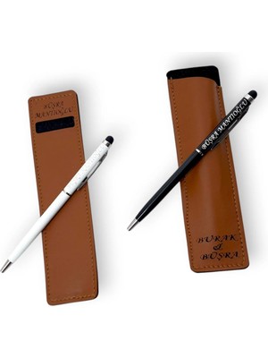 SürLaz Öğretmenler Günü Hediyesi Isme Özel El Yapımı 2'li Deri Kılıflı Slim Touch Pen Kalem Seti