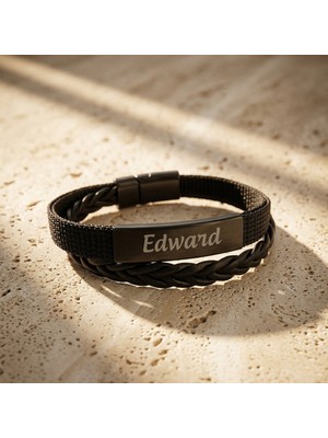 Vaoov Kişiye Özel Isimli Erkek Bileklik Kumaş ve Deri Detaylı Siyah Çelik Plaka
