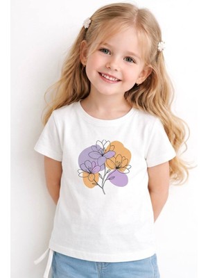 Noone Kız Çocuk Suluboya Çiçek Baskılı Yan Bağlamalı T-Shirt | 6 Renk Seçeneği