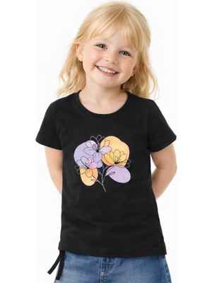 Noone Kız Çocuk Suluboya Çiçek Baskılı Yan Bağlamalı T-Shirt | 6 Renk Seçeneği