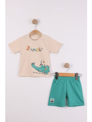 Joy Kids Erkek Bebek Baskılı Gündelik Takım %100 Pamuk (9-24AY) (Bej-Yeşil)