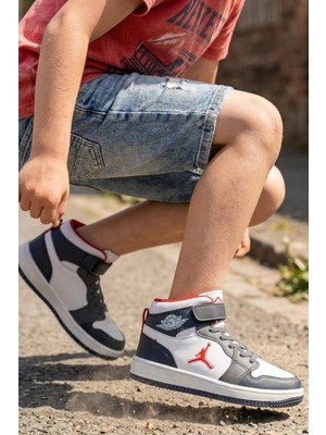 In Step Eveji Lacivert Beyaz Çocuk Basketbol Ayakkabısı - Yüksek Bilekli Cırt Cırtlı Sneaker