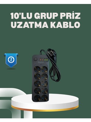 Termal Koruma Sistemli USB Type-C 10’lu Grup Priz 2m 2500W Güç Kapasiteli