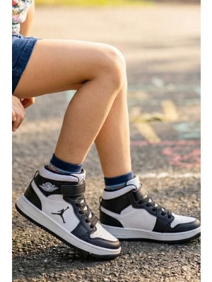 In Step Eveji Siyah Beyaz Çocuk Basketbol Ayakkabısı - Yüksek Bilekli Cırt Cırtlı Sneaker