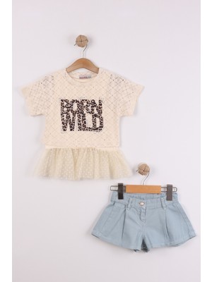 Joy Kids Kız Çocuk Taşlı Leopar Detaylı 3'lü Takım (Ekru-Mavi) (2-5yaş)