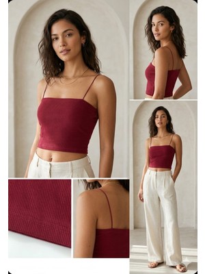 Hn. Giyim Kadın Kare Yaka Ip Askılı Fitilli Örme Crop Büstiyer Basic Bluz 2'li Paket (Bordo-Hardal Sarısı)