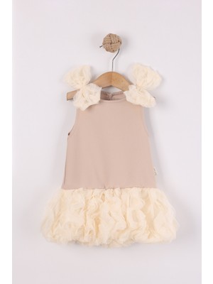 Joy Kids Kız Bebek Yoğun Tül Katmanlı Basic Elbise (9-24AY) (Krem)