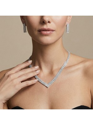Valmont Accessories Işıltılı V Su Yolu Kolye ve Küpe Takı Seti - Düğün, Kına, Nişan, Gelin Aksesuarı