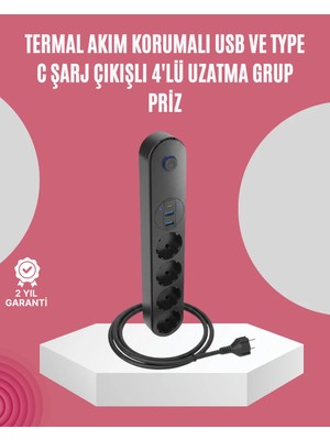 Fiberliz LED Anahtarlı Akım Korumalı Çoklu Priz 4 Priz 3 USB Girişli