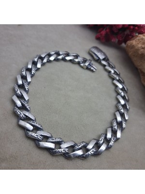 Bir Gümüş Aşkı 925 Ayar Gümüş Özel Kutu Kilitli Yarı Desenli Gurmet Model Erkek Bileklik 8.5mm