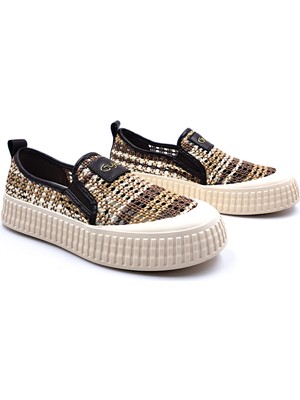 Guja G26Y315 Örgü Hasır Detaylı Slip-On Bağcıksız Kahverengi Kadın Sneaker Ayakkabı
