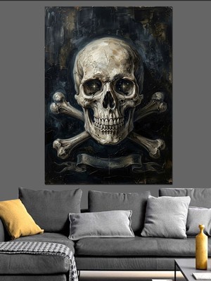 Karizma Tablo Çapraz Kemikli Iskelet Başı Tasarımı Dekoratif Kanvas - Mdf Ahşap Tablo