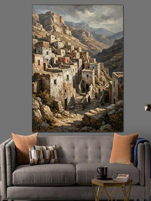 Karizma Tablo Dağ Yamacında Tarihi Taş Köy Dekoratif Kanvas - Mdf Ahşap Tablo