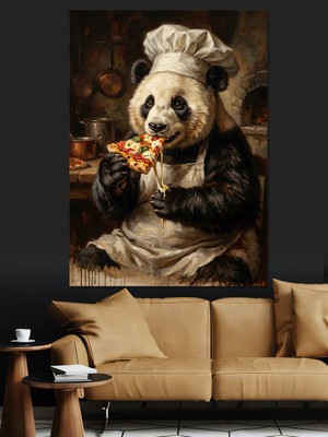 Karizma Tablo Pizza Yiyen Aşçı Şefl Panda Dekoratif Kanvas - Mdf Ahşap Tablo