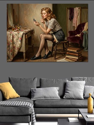 Karizma Tablo Aynada Makyaj Yapan Retro Kadın Dekoratif Kanvas - Mdf Ahşap Tablo