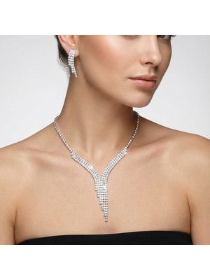 Valmont Accessories Taşlı Şık V Su Yolu Kolye ve Küpe Takı Seti - Düğün, Kına, Nişan, Gelin Aksesuarı