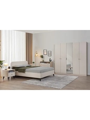 Vivense Solina Yatak Odası Takımı, 5 Kapaklı, Ahşap Başlıklı, Bej