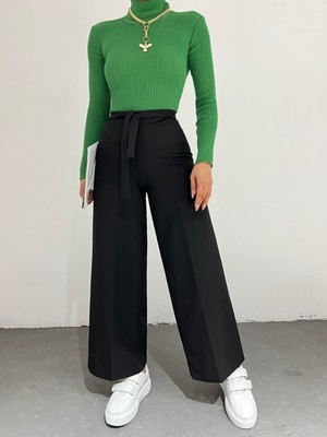 Moda Morfo Duble Kumaş Beli Kuşaklı Bol Paça Pantolon -Siyah