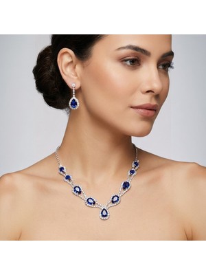 Valmont Accessories Hürrem Model Mavi Taşlı Kolye Küpe Takı Seti Gerdanlık - Gelin Düğün Nişan Abiye Set