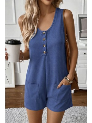 Stelol Kadın Omuz Askılı Önden Düğmeli Waffle Kısa Tulum