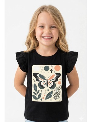 Noone Kız Çocuk Boho Kelebek Baskılı Fırfır Kollu T-Shirt | Bisiklet Yaka | 6 Renk