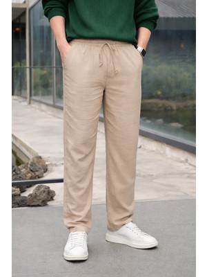 Comstar Erkek Lastikli Trend Basic Bol Krem Keten Pantolon