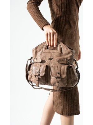 Baginn Yıkama Deri Kadın Elde Tutma Vegan-Suni Deri Çapraz Askılı Postacı Çanta 35*32 cm Kemer Detaylı