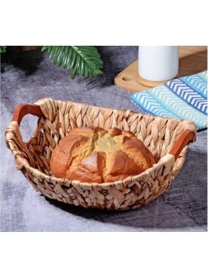 Esranın Dünyası Bezli Oval Ahşap Kulplu Dekoratif Hasır Ekmek Sepeti