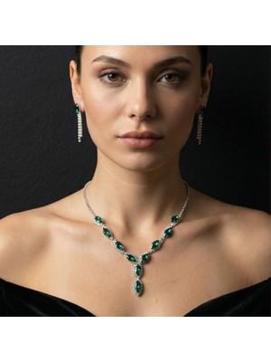 Valmont Accessories Yeşil Mekik Taşlı Su Yolu Kolye Küpe Takı Seti - Düğün, Kına, Nişan Gelin Takı Seti