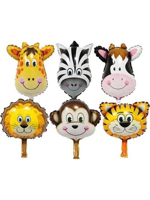 Bal10 Dünyası Safari Seti 6 Adet 14'' (35 cm) Hayvan Folyo Balon Zürafa Maymun Aslan Zebra İnek Kaplan
