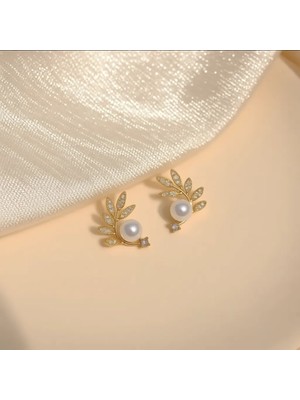 Hobisy Gold Renkli Anti-Alerjik Çelik Küpe, Göz Alıcı Inci ve Yaprak Tasarımı Kadınlar İçin