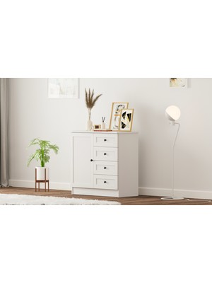 Rabi Mobilya Rumy-S1 Country Mini Şifonyer Beyaz Renk 4 Çekmeceli 85 cm Yükseklik 87 cm Genişlik