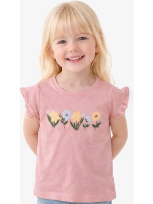 Noone Kız Çocuk Kır Çiçeği Baskılı Fırfır Kollu T-Shirt | Bisiklet Yaka | 6 Renk